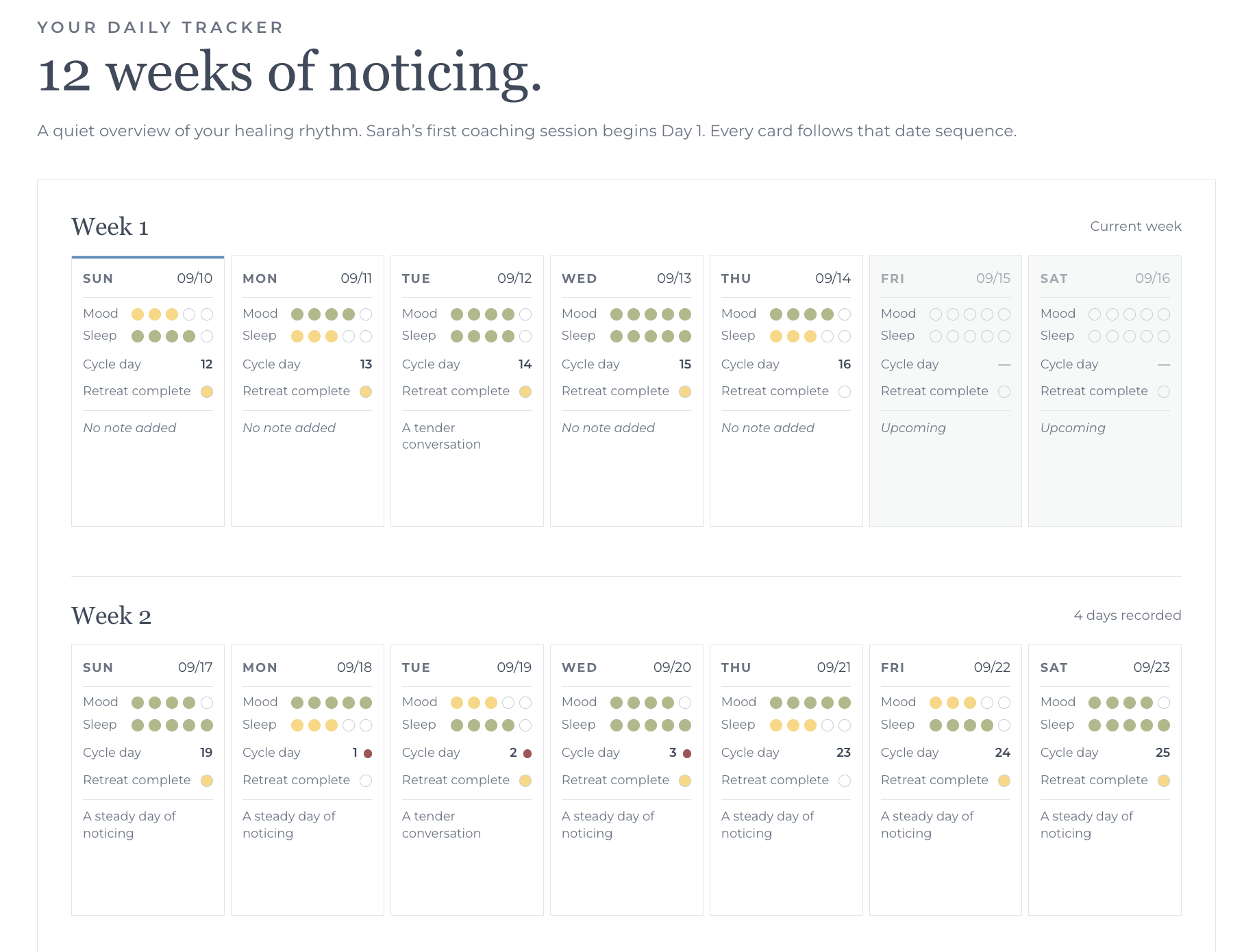 Weekly tracker inside the Charity Craig coaching portal